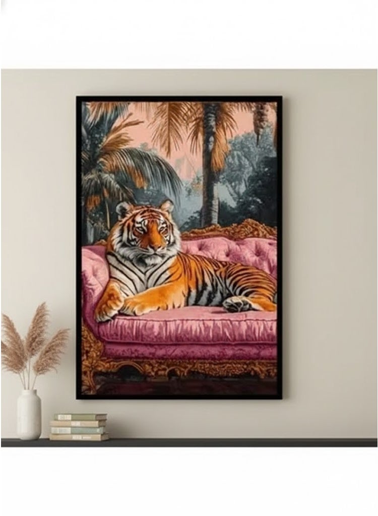 Royal Tiger on Pink Sofa Wall Art Frame  | Tiger on Pink Sofa with Tropical Background | 60 × 40 cm (Vertical) - Image 4